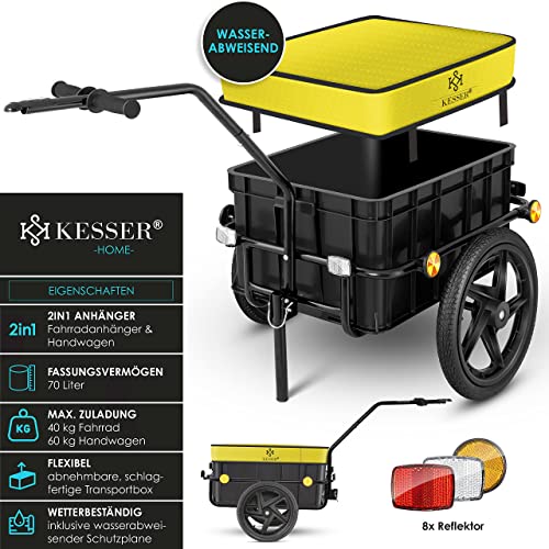 KESSER® Fahrradanhänger, Lastenanhänger, Handwagen mit Kupplung, Hochdeichsel, für Fahrrad Transportanhänger Transportbox mit 70 Liter Volumen, Max. 60kg, + Zubehör für Fahrräder mit 26-28, Gelb