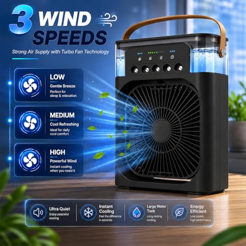 Image of Mini Cooler Fan for Room, Kitchen, Home & Office Desk | USB Cable, 3 Wind Speed Mode with Cooling Misting Fan (Black)