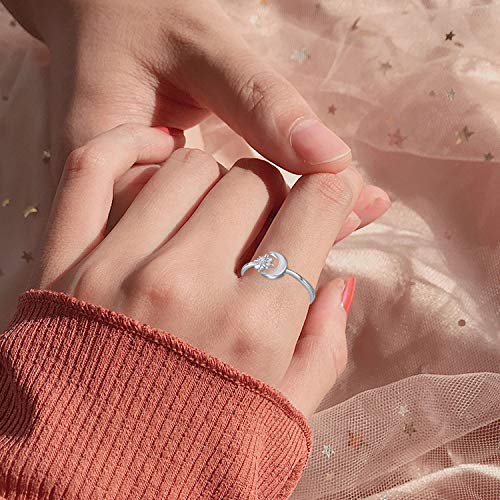 Cuoka Miracle Moon Ring, S925 Sterling Silver Crescent Moon And Star Ring Synthetic Opal Open Ring Adjustable Ring Gift For Women #TOP3