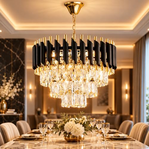 One94Store Black Mamba Modern Crystal Chandelier Ceiling Light 400MM, Tricolour LED (Warm, Cool, Natural), Black & Gold Jhumar for Living Room, Dining, Bedroom