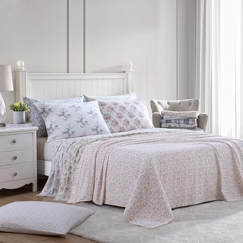 Image of Laura Ashley - Flannel Sheets King Size, Anti-Pilling & Wrinkle Resistant Cotton, Touchably Soft for All-Season Comfort - Bed Sheets with Matching PIllowcasess & Fitted Sheet (Fawna Grey)