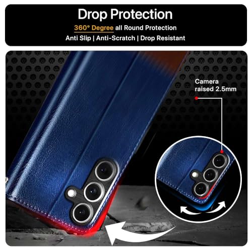 Image of FLIPPED Vegan Leather Flip Case Back Cover for Samsung Galaxy S25 5G (Flexible, Shock Proof | Hand Stitched Leather Finish | Card Pockets Wallet & Stand | Blue with Brown)