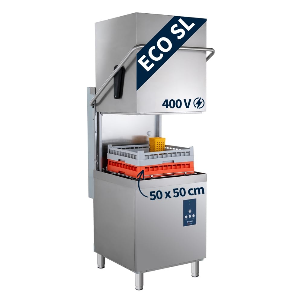 GastroHero Haubenspülmaschine ECO 54 SL 50x50 cm 400V mit Reiniger- & Klarspüldosierer, Ablaufpumpe, 40 Körbe/h, Edelstahl AISI 304