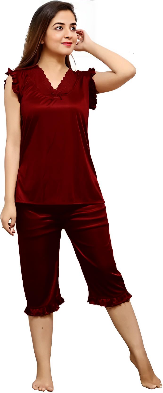 Women's Satin Night Suit Set of Top & Capri Set (Maroon)-image-22