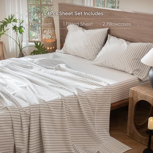 Image of MooMee Striped Sheet Set 100% Washed Cotton Linen Like King | Relaxed Linen-like Texture. Soft, Breathable & Lightweight Comfort. 15-19 inch Extra Deep Pocket with All-around Elastic