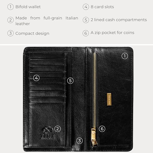 Image of Time Resistance Long Leather Wallet - Bifold Mens Suit Leather Wallet - Checkbook Wallet - Tall Billfold Card Case - Slim Wallet Made in Italy (Black)