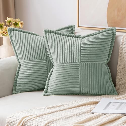 Image of MIULEE Spring Decorative Throw Pillow Covers for Couch Bed Livingroom 20x20 Inch Set of 2 Greyish Green Boho Accent Throw Pllows Broadside Striped Patchwork Soft Corduroy Summer Pillowcases