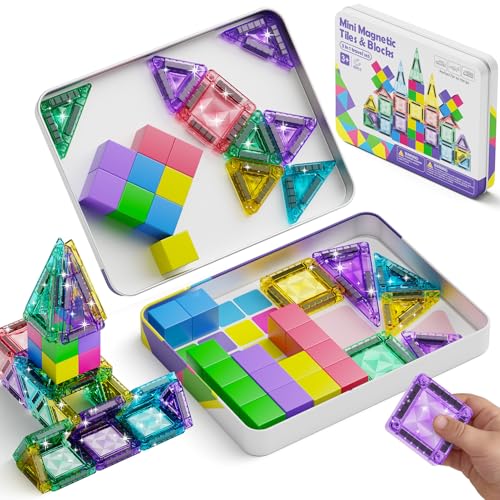 Magnetische Bausteine Reiseset (3-in-1): 48-Teile Magnetspielzeug mit Metallbox 45s Aufräumen & 90 Min Beschäftigung stressfrei für Eltern bei Auto Flugzeug & Zug Mädchen Jungen ab 3 Jahren