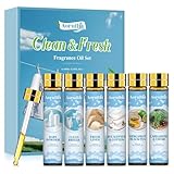 Aoruilia Clean Essential Oils Set 6 x 10ml, Laundry Fragrance Oils for Diffusers, Soap Making - Eucalyptus & Cotton, Bergamot Black Tea, Cardamom & Cedar, Baby Powder, Clean Breeze, Fresh Linen