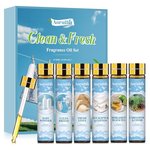 Aoruilia Clean Essential Oils Set 6 x 10ml, Laundry Fragrance Oils for Diffusers, Soap Making - Eucalyptus & Cotton, Bergamot Black Tea, Cardamom & Cedar, Baby Powder, Clean Breeze, Fresh Linen