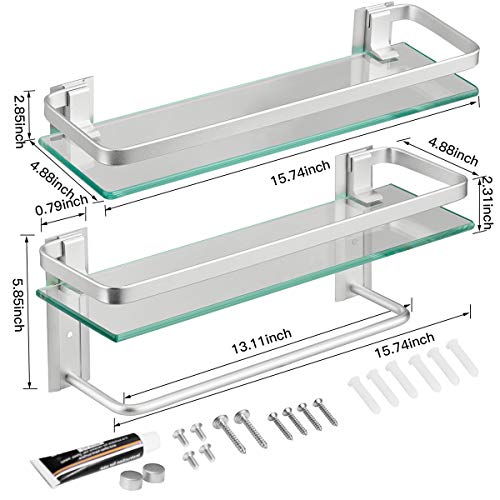 Volpone Glass Bathroom Shelf 15.7In Bathroom Shelf Wall Mounted Floating Glass Shelves With Towel Holder Glass Shower Shelf 2 Tier (Sliver) #TOP5