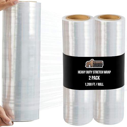 GORILLA GRIP Película elástica 500% de plástico resistente, paquete de 2 rollos de envoltura retráctil de 1200 pies de 17 pulgadas, resistente a