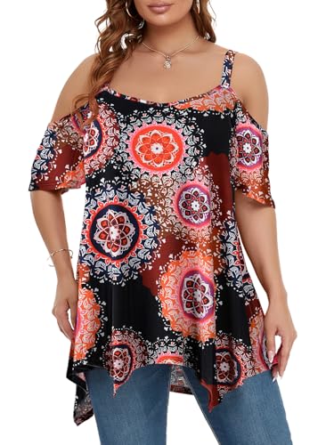 Image of LARACE Cold Shoulder Tops for Womens Summer Clothes Spaghetti Strape Tunic Oversized Shirts Asymmetrical Plus Size Blouse