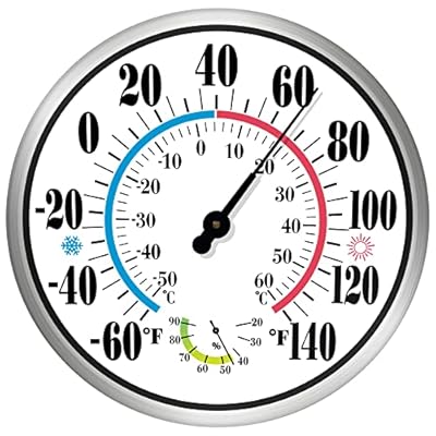 Indoor Outdoor Thermometer - Outdoor Thermometers for Patio Large Numbers 12Inch Weatherproof, Battery Free Auto Calibrate Thermometer Hygrometer with Stainless Steel Enclosure