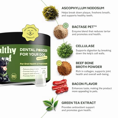 Image of Dental Powder for Dogs - Complete Oral Care Bone Broth, Dog Teeth Cleaning Powder, Tartar Remover, Fresh Breath, Sensitive Stomach Support, No Brush Dental Care, 4.2 oz, 60 Scoops