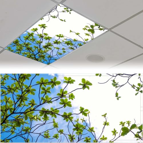 Sunnyhut 2 Pack Fluorescent Light Cover - Green Branches Magnetic Light Covers for Classroom, Office, Home, School - 4 X 2 Ft