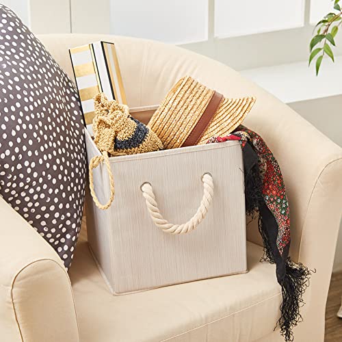 Ezoware Set Of 4 Bamboo Fabric Storage Bins With Cotton Rope Handle, 10.5 X 10.5 X 11 Inch Foldable Organizer Basket Cube For Nursery Toys– Beige #TOP4