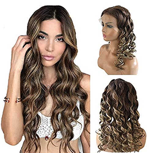 BESFOR Glueless 13X6 Lace Front Wigs Brazilian Remy Human Hair Wigs Pre Plucked for Women Highlights Blonde Color Curly Wavy Ombre Wig with Flawless Hairline 150% Density 20Inch