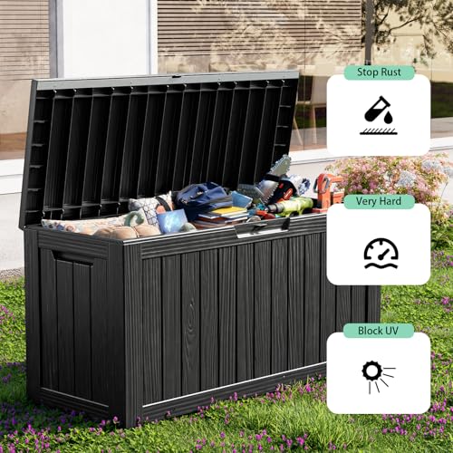 Image of 90 Gallon Waterproof Resin Deck Box, UV Resistant Outdoor Storage for Garden, Patio, Porch, Delivery, Striped Black