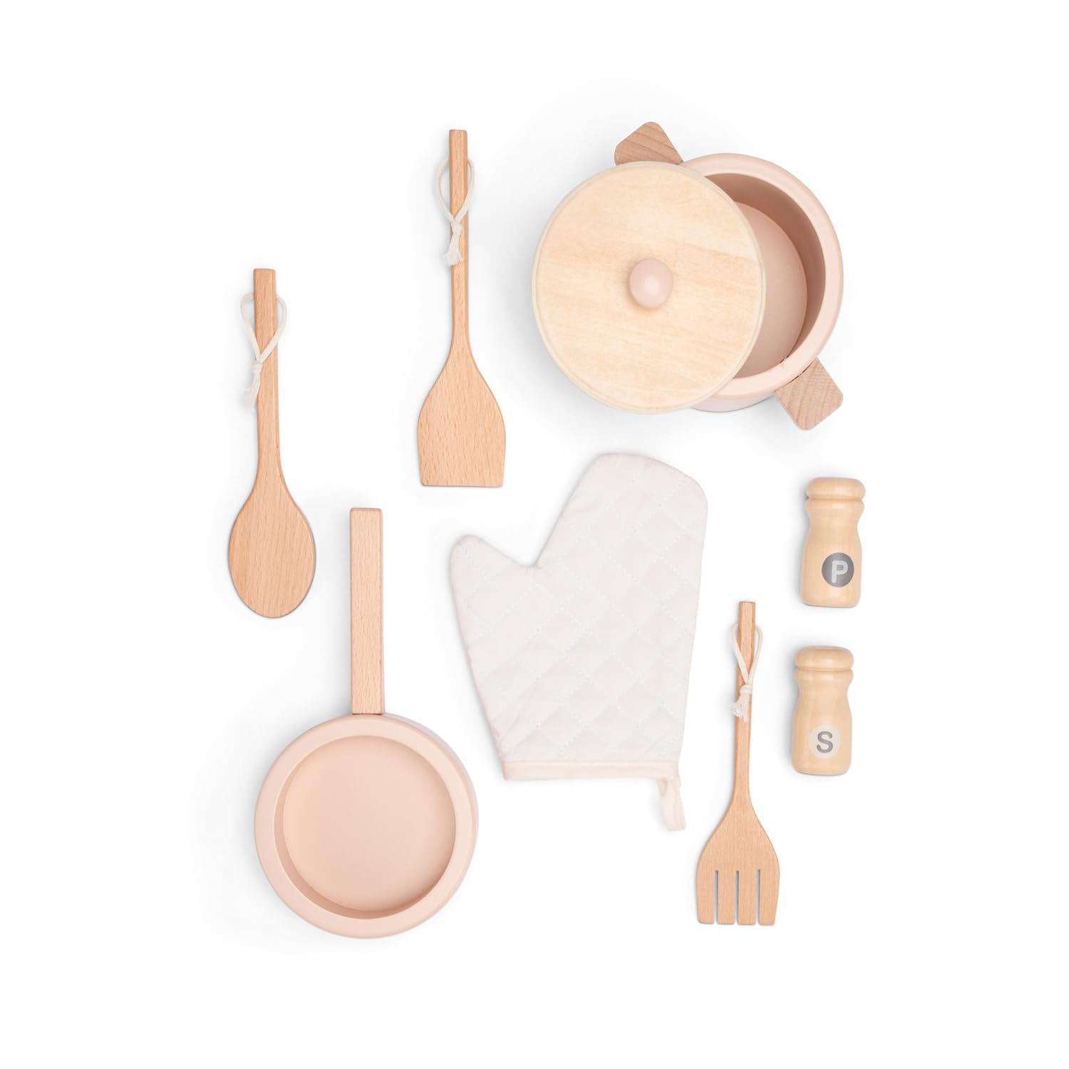 Woet® Cuisine Jouet Rose en Bois pour Enfants - Détails en Rotin et Accessoires - Set d’Imitation - À Partir de 3 Ans