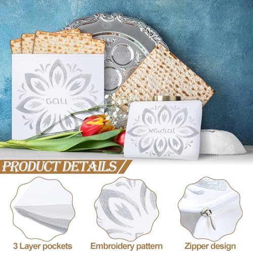 Dansydaisy 2 Pcs Passover Afikoman Bag Embroidered Matzah Cover Set Passover Seder Holder with 3 Layered Silver Leaf Decorations for Pesach Jewish Holiday Party by Dansydaisy - Image 3