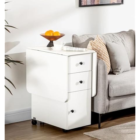 White Folding Kitchen Dining Table with Wheels Cover
