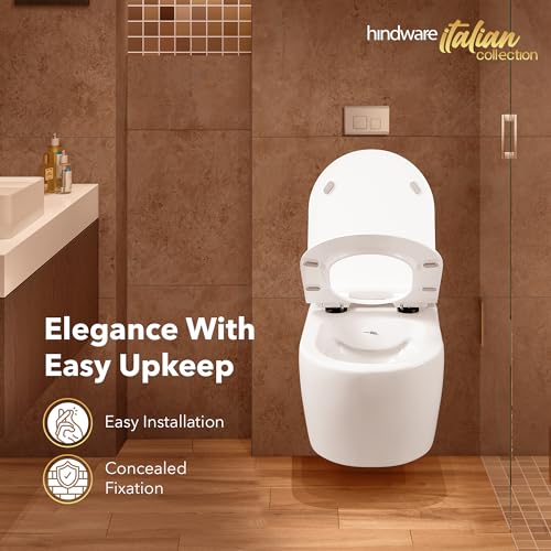 Image of Hindware Italian Collection Splendor Neo Western Commode for Bathroom|Made of Ceramic|Dual Flushing Water Saving|Duroplast Seat Cover|Rimless|Soft Close|Star White|Geometric Shape|Wall Mount