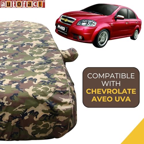 Image of Autofact 100% Waterproof Car Body Cover Compatible with Chevrolet Aveo UVA (2006 to 2012), with Mirror Pockets, 4 x 4 American Matty, Long Lasting Durable Material, Camouflage Army Look