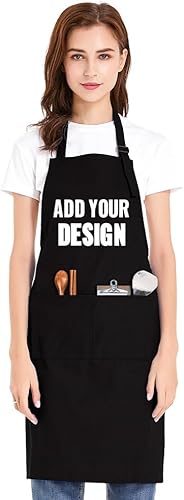 TopTie Delantal con babero unisex de impresión personalizada, delantal ajustable de cocina de chef de lona de algodón con bolsillos Negro