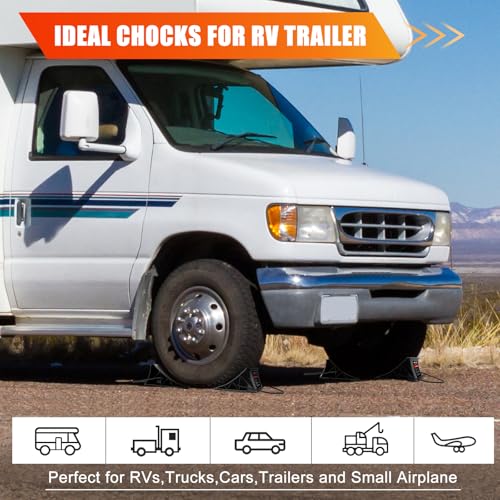 Image of Wheel Chocks for RV Trailer, 4 Pack Non Slip Wheel Chocks for Travel Trailers with Rope for Easy Removal, Lightweight Plastic Wheel Stoppers Block for Camper Cars Trucks