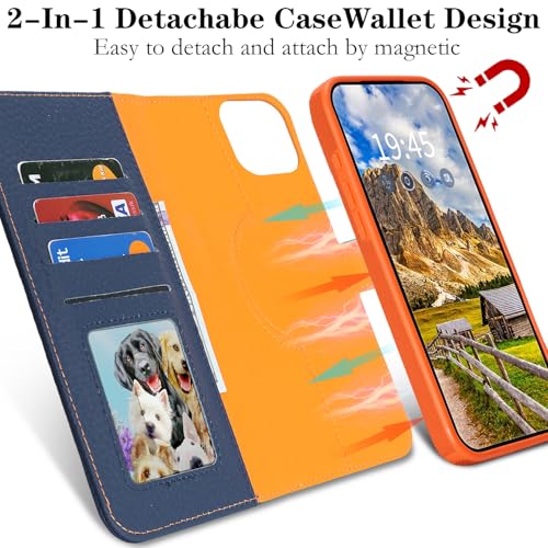 Image of Detachable Genuine Leather Case for iPhone 12 /12 Pro Wallet Case Magnetic 2in1 Removable Flip Cover Book Purse Compatible with Magsafe Charging Kickstand Card Holder-Navy Blue+Orange