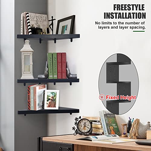 Corner Floating Shelves Set Of 3 | Corner Wall Shelves | Wall Mounted Corner Storage Display Shelving For Bathroom, Bedroom, Living Room, Kitchen | 12-4/5" D X 12-4/5" W | Triangle Shape, Matte Black #TOP3