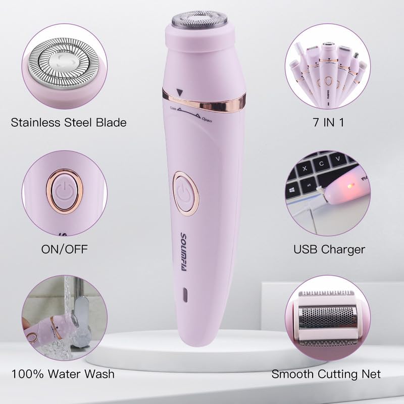 Solimpia HT-518 lady grooming kit 7-in-1 painless body shaver facials, eyebrows, ear-naches trimmer exfoliating heads, body, legs, bikini, underarms, arms, IPX5 waterproof, suitable for pink.
