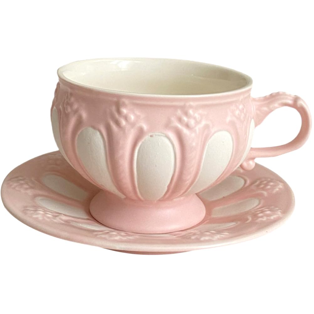 Ciieeo Kaffeetasse Satz aus Keramik mit Breiter Öffnung und Einfachem Trinkkomfort für Kaffeehaus und Restaurant im Europäischen Reliefdesign in Rosa
