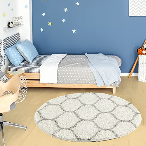 THE RUGS Shaggy Rug, Modern Moroccan Design Rugs for Living Room Bedroom, Hallway, 3 cm Thick Area Rugs, (Trellis Ivory/Grey - Image 2