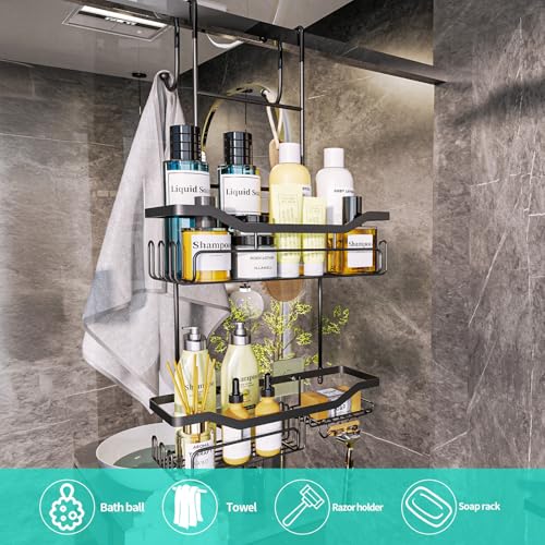 HapiRm Hanging Shower Caddy Over the Door with Soap Holder, No Drilling Adhesive Shower Organizer with 11 Hooks, Rustproof & Waterproof 304 Stainless Steel Bathroom Shelves - Black - Image 4