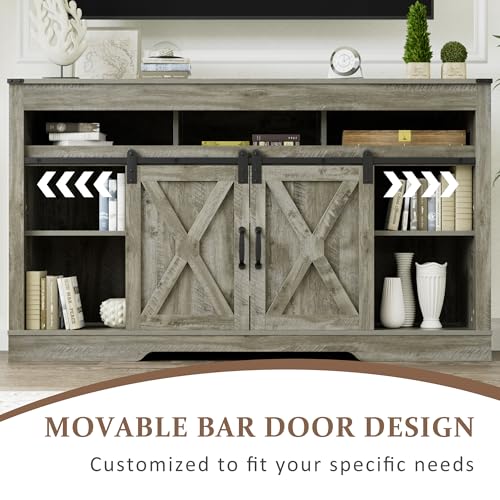 Image of RoyalCraft Farmhouse TV Stand with Sliding Barn Door for TVs up to 65+ Inch, 34 inch Tall Entertainment Center, Wood Media Console Storage Cabinet for Bedroom, Living Room, Light Grey