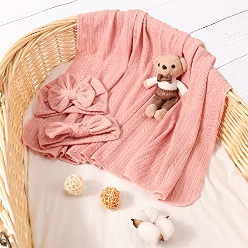 Image of AQOKKA Newborn Receiving Blanket with Bow Hat Headband Wooden Card Set Wheat-Pattern Newborns Toddler Baby Boy Girl Nursery Swaddle Wrap