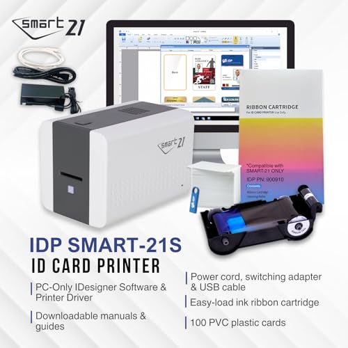 Image of IDP SMART-21SB-EZ ID Card Simplex Printer Bundle with Easy-Load Ribbon. PC Only Software, 100 Print YMCKO Color Ribbon, 100 PVC Plastic Cards, USB Camera, & IDP EasyCapture Photo Capture Tool Trial