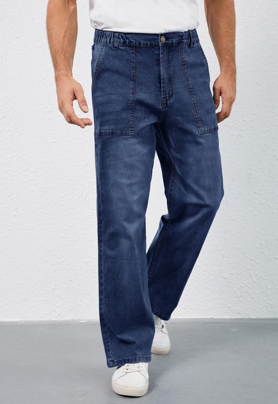 Men's Elastic Waist Baggy Jeans Stretch Denim Wide Leg Trousers Loose Fit Casual Pants - Image 4