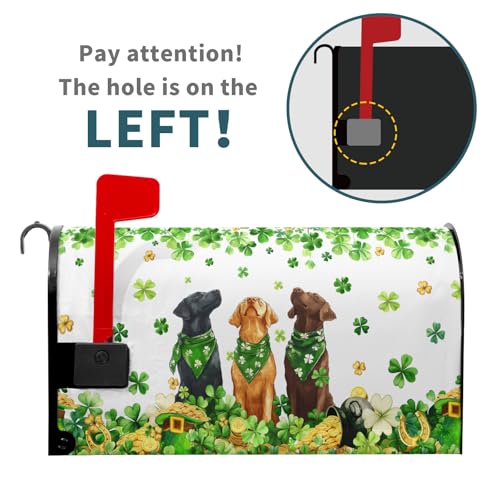 Image of St. Patricks Day Mailbox Cover Magnetic, 21 inchx18 inch Patrick Dog Lucky Clover Elf Hat Mailbox Wrap, Spring Shamrocks Standard Size Waterproof Letter Post Cover for Garden Yard Outdoor Decor