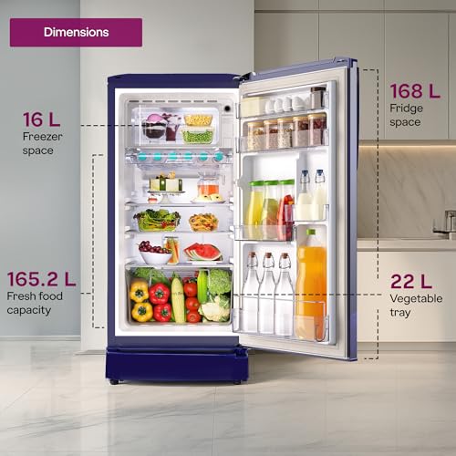 Image of Godrej 183 L 3 Star 5 Years Comprehensive | Toughened Glass Shelves | 24 Day Farm Freshness | Jumbo Vegetable Tray | Single Door Refrigerator (RD R190CN THF FR BL, Floral Blue)