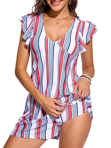 Image of Smismivo Swim Romper with Built in Bra and Pockets Swim Dress Modest One Piece Swimsuit Full Coverage Bathing Suit