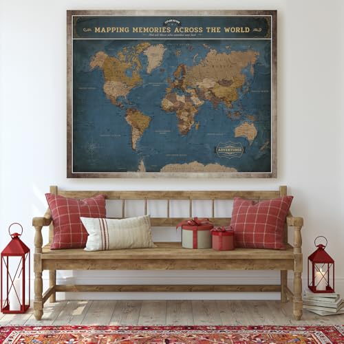 Image of DECORARTS - Large Modern Navy Blue World Map Canvas Wall Art, World Maps for Wall Decor, Hand-Stretched Giclee Print, Living Room Home Office Statement Piece, Handcrafted in USA, 35x28''
