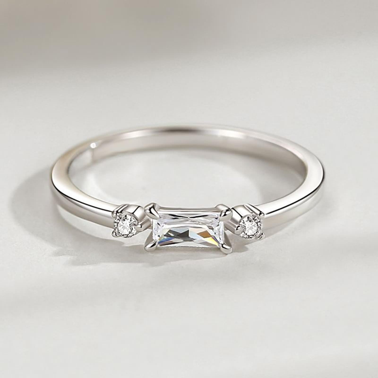 Anello da donna, minimalista, design sottile, rettangolare, moissanite rotonda 14 carati, in oro bianco 14 carati, misura 50 (15,9)