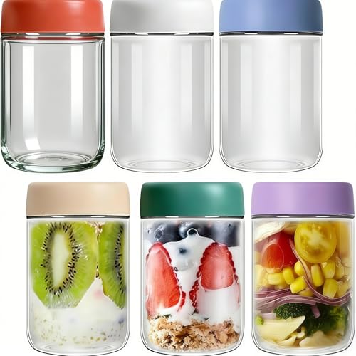 6Pack(16OZ) Overnight Oats Jars,Leak-Proof Airtight Glass Storage Containers, BPA-Free with Food-Grade PP Lid & Silicone Gasket,Dishwasher-Safe forSalads,Cereals,Snacks,Jams