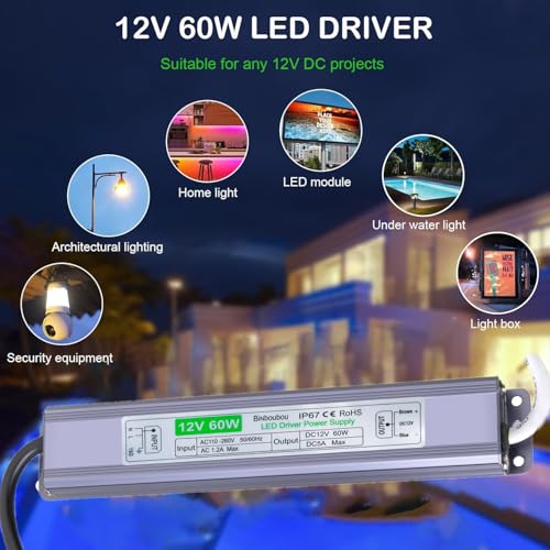 Image of LED Driver 60W Waterproof IP67 Power Supply Adapter, AC110V to DC12V Constant Voltage LED Transformer with 3-Prong US Plug for Outdoor & Indoor LED Lights, Computer Projects