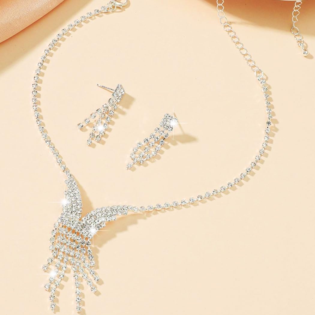 TWINKLEDE Rhinestone Necklace Jewelry Set Sparkly Necklace and Earrings Prom Wedding Jewelry Sets for Women - Image 3
