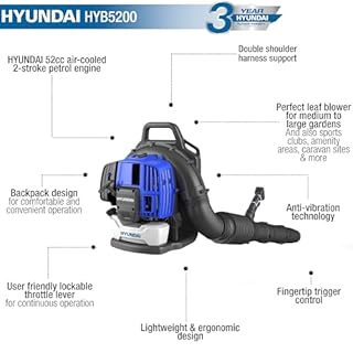 Hyundai Petrol Backpack Leaf Blower, 170mph, 52cc 2 Stroke Engine With Support Harnesses, Anti-vibration, 55 Mins Per Litre Of Fuel