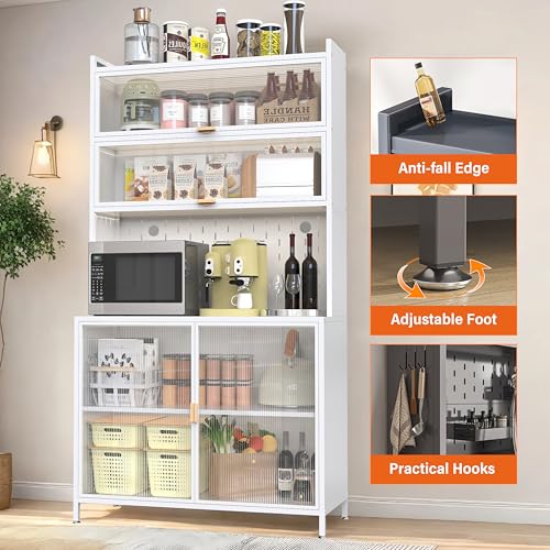 Image of Ball & Cast 73″Pantry Cabinet,Versatile Metal Storage Cabinet with Microwave Shelf,Pegboard Spacious, Adjustable Shelves Moden Kitchen Cabinet w /Anti-Tipping Safety for Kitchen,Dining Room,White